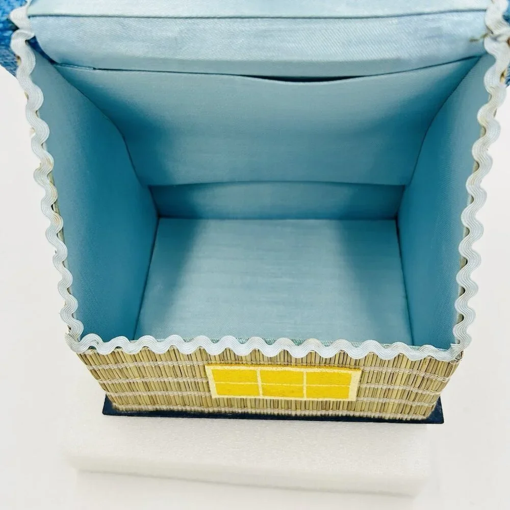 Vintage House Shaped Sewing Case Kit Box Bamboo Woven Japan Satin Lined